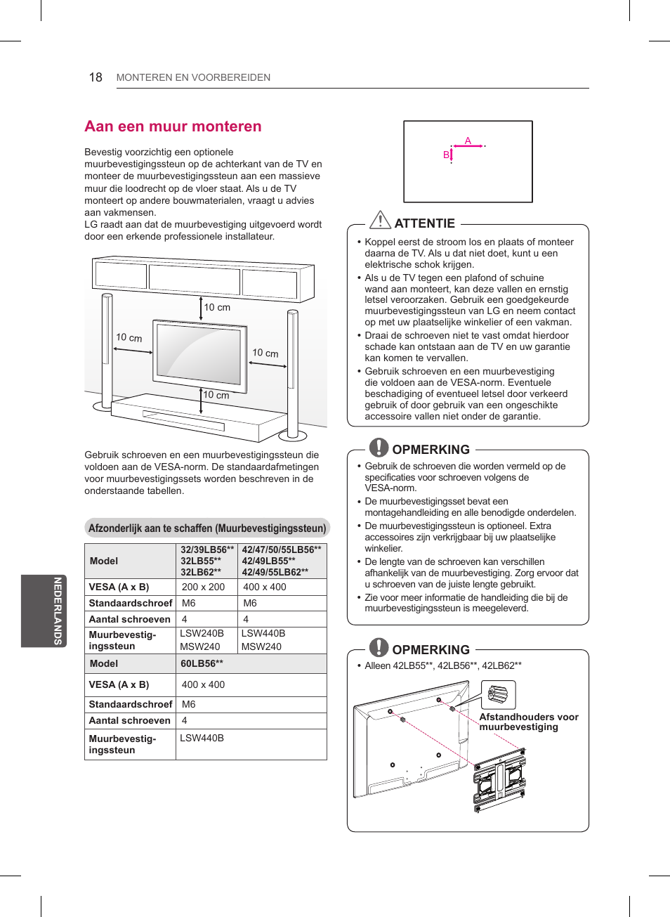 Aan een muur monteren, Attentie, Opmerking | LG 32LB561B User Manual | Page 215 / 291