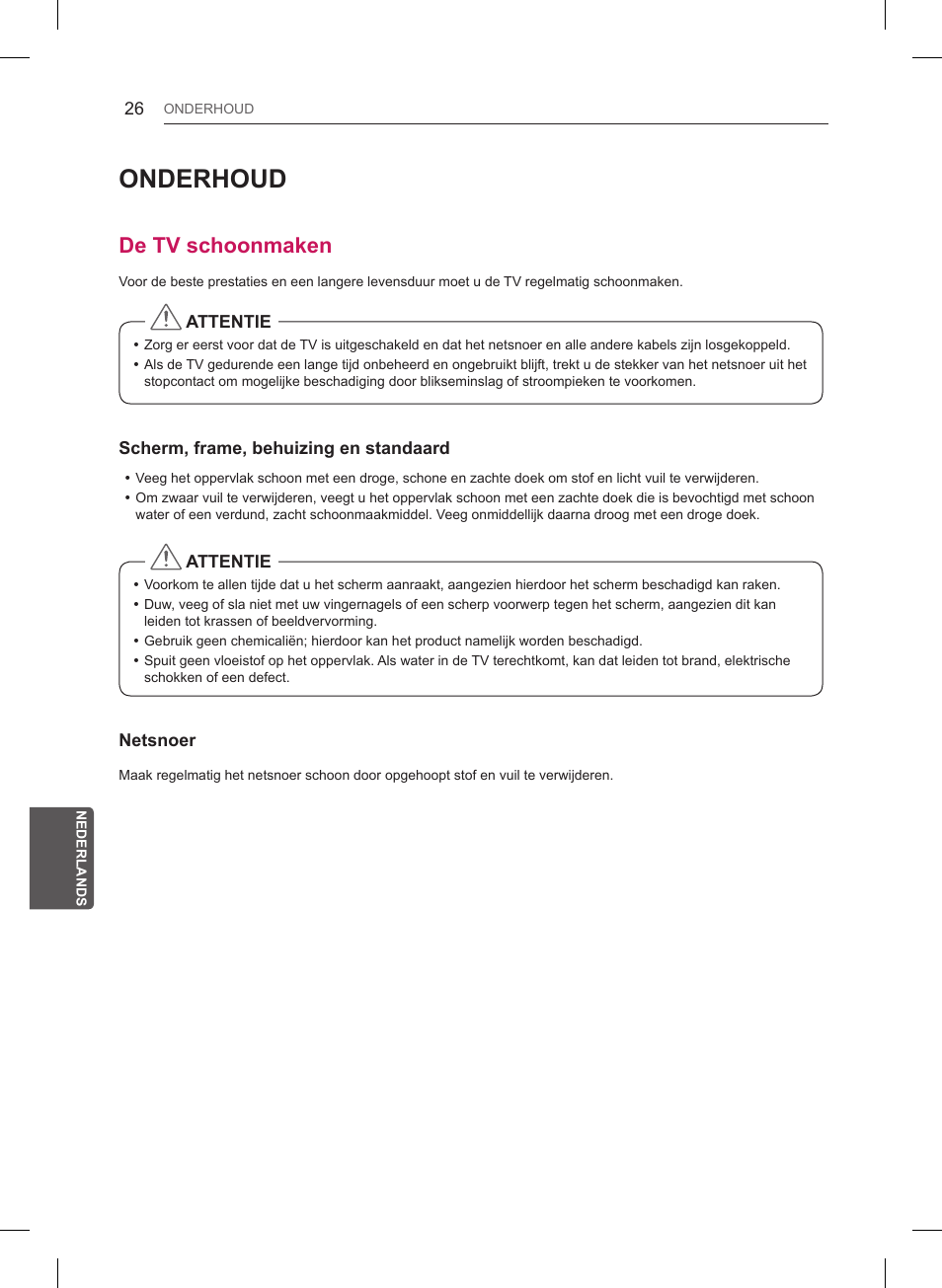 Onderhoud, De tv schoonmaken | LG 32LB561B User Manual | Page 223 / 291