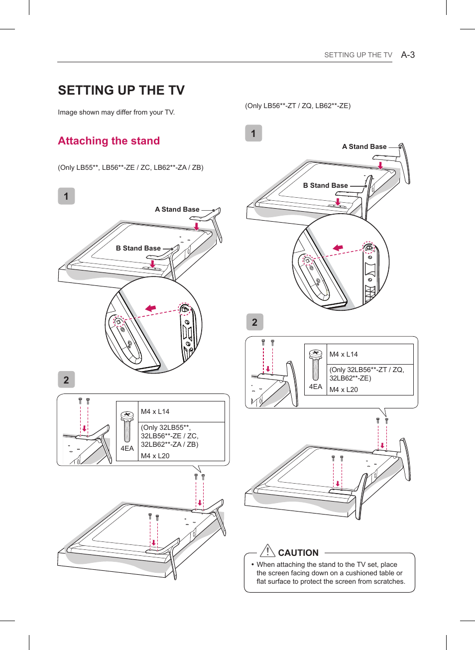 Setting up the tv, Attaching the stand | LG 32LB561B User Manual | Page 6 / 291