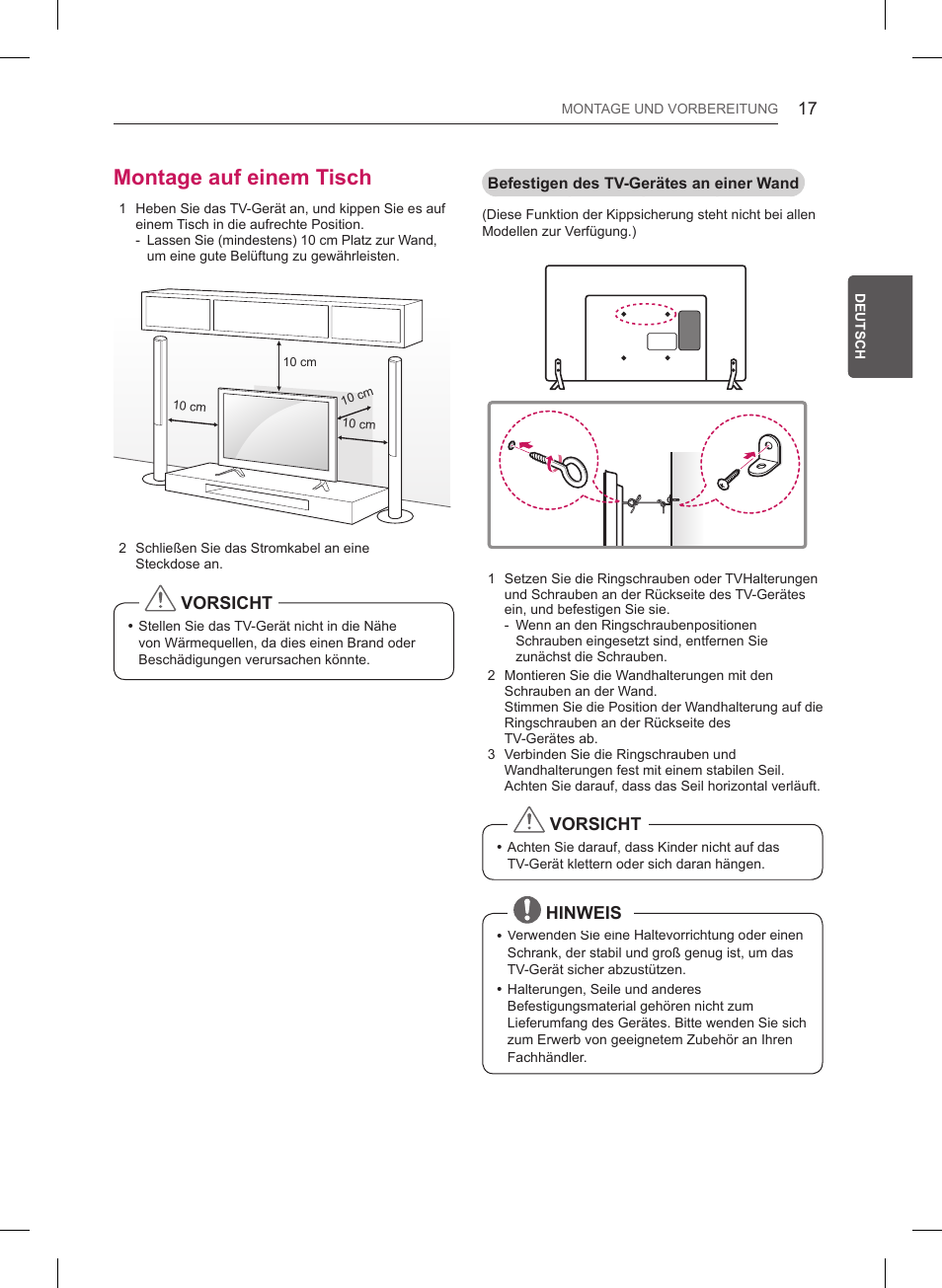 Montage auf einem tisch, Vorsicht, Hinweis | LG 32LB561B User Manual | Page 64 / 291