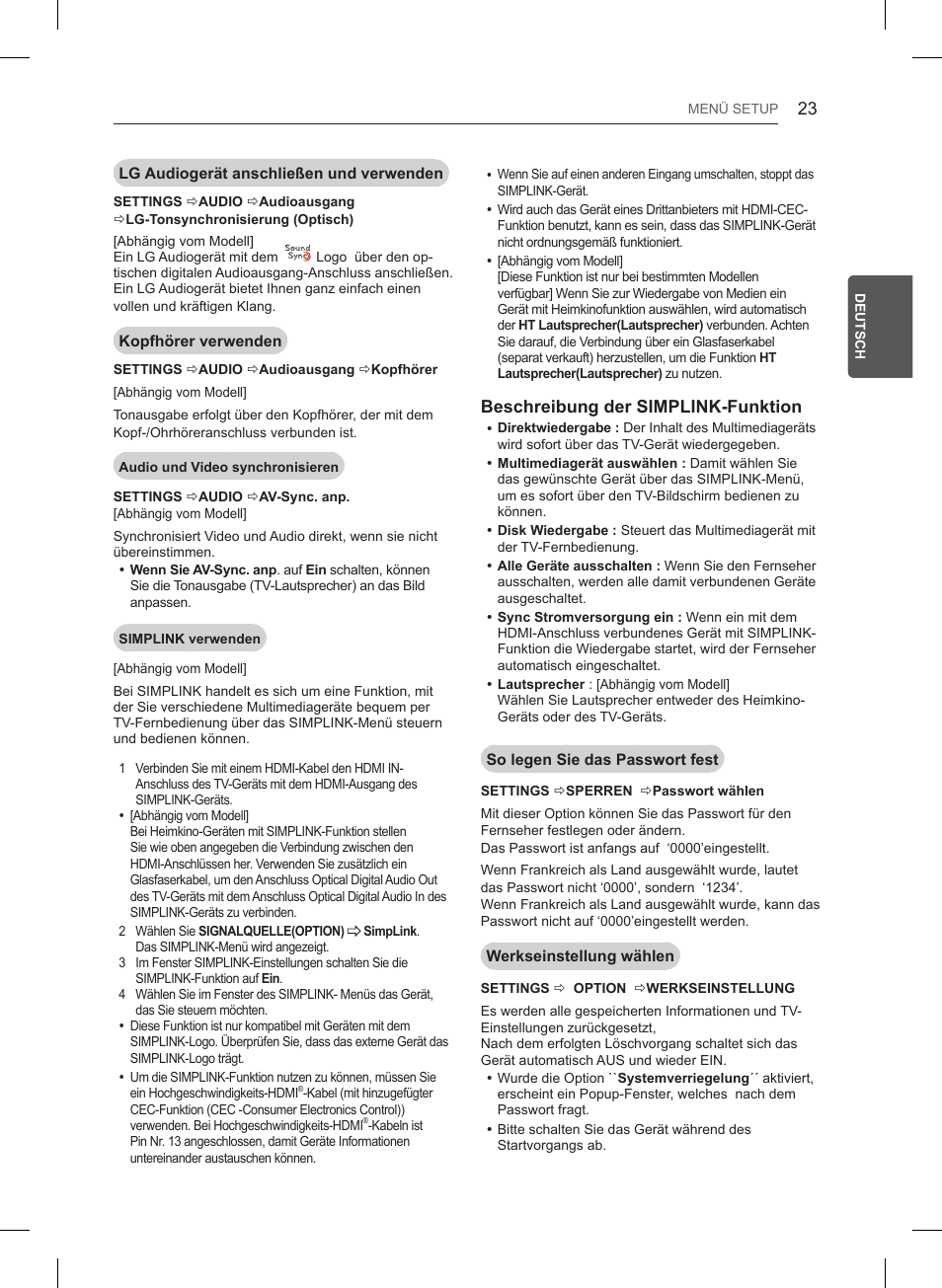 Beschreibung der simplink-funktion | LG 32LB561B User Manual | Page 70 / 291