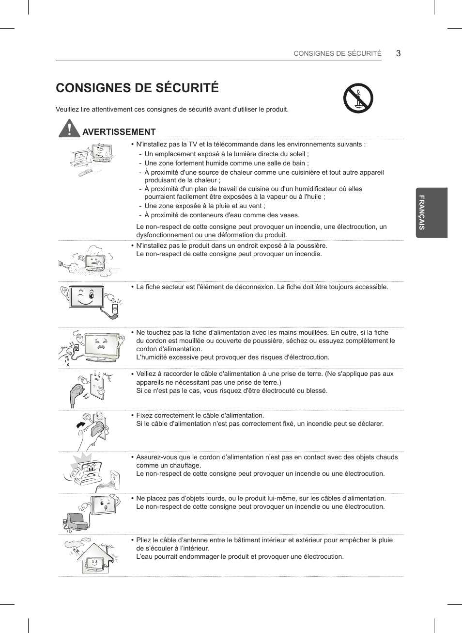 Consignes de sécurité, Avertissement | LG 32LB561B User Manual | Page 78 / 291