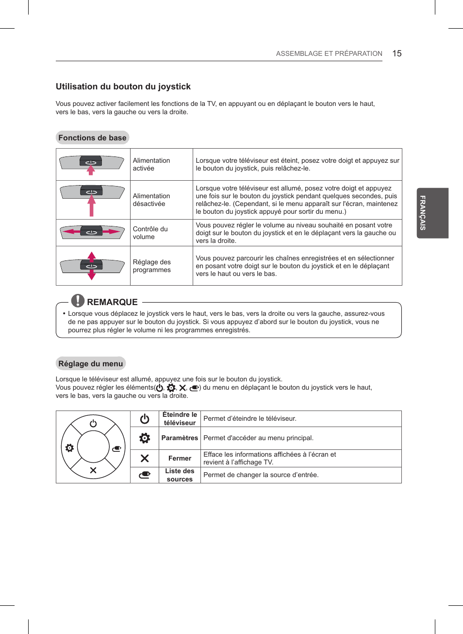 Utilisation du bouton du joystick, Remarque | LG 32LB561B User Manual | Page 90 / 291