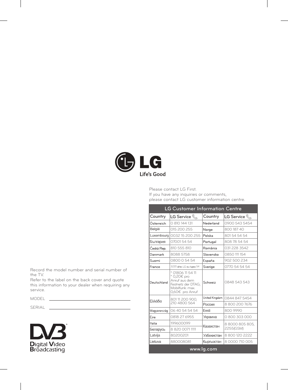 Customer information centre | LG 84LM9600 User Manual | Page 331 / 331