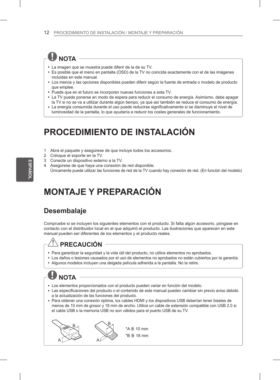 Procedimiento de instalación, Montaje y preparación, Desembalaje | Nota, Precaución | LG 47LN5400 User Manual | Page 113 / 253