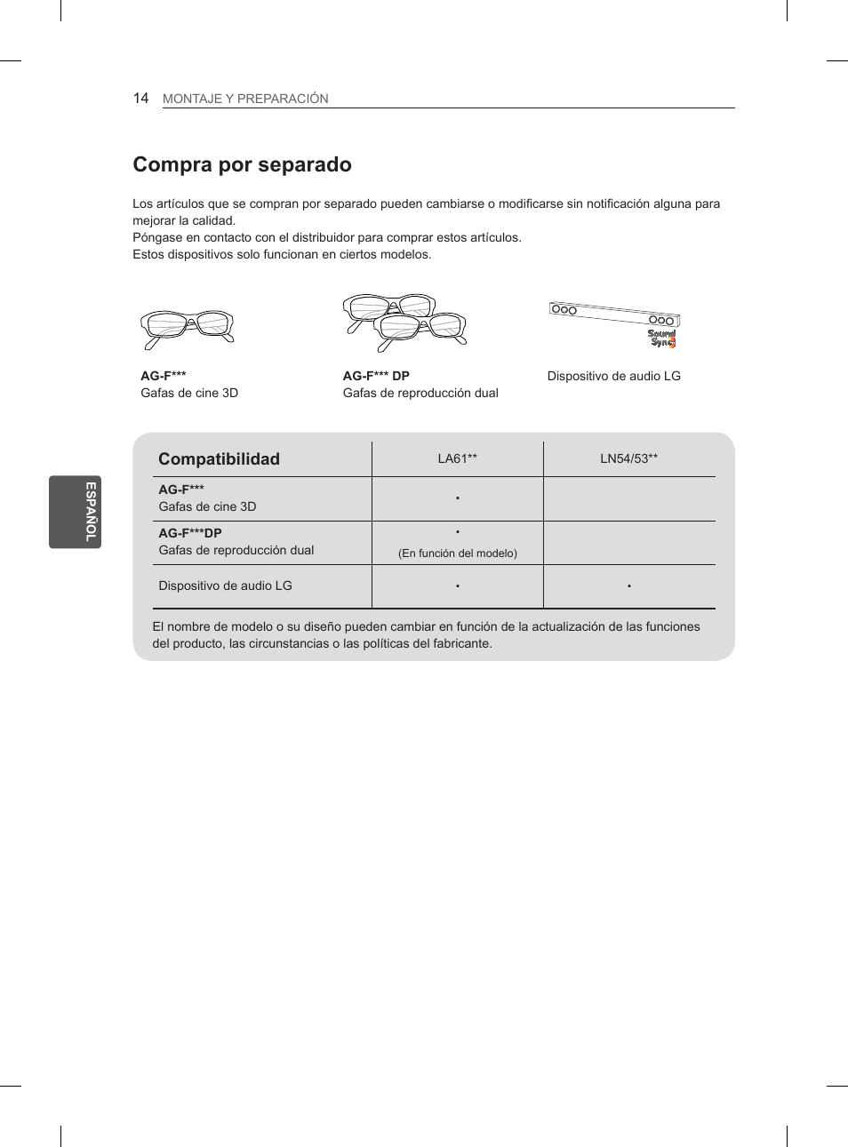 Compra por separado, Compatibilidad | LG 47LN5400 User Manual | Page 115 / 253