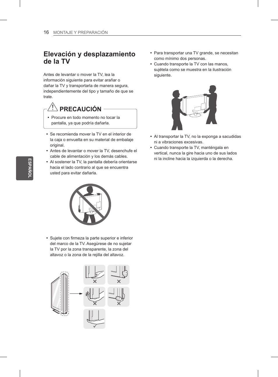 Elevación y desplazamiento de la tv, Precaución | LG 47LN5400 User Manual | Page 117 / 253