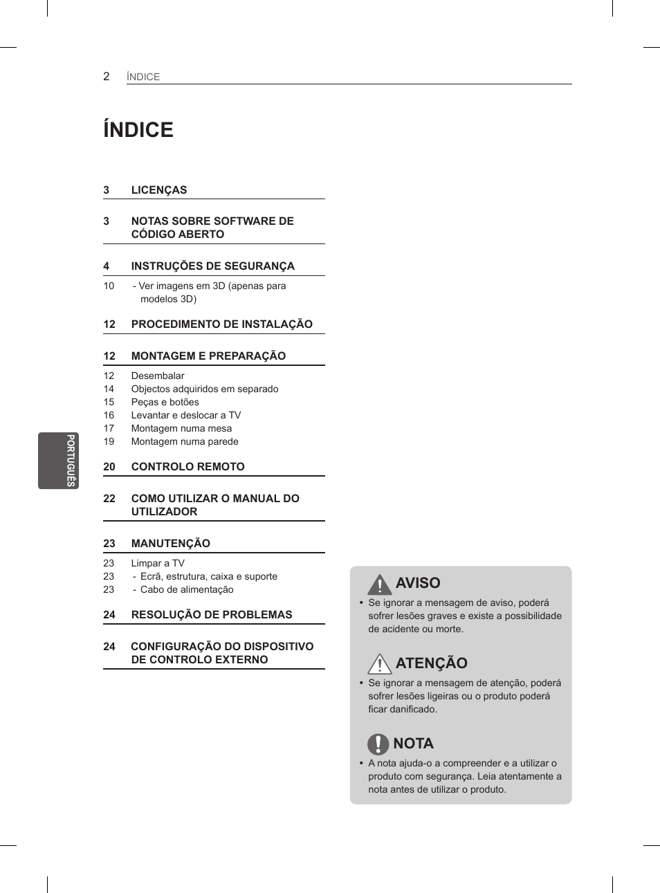 Índice, Aviso, Atenção | Nota | LG 47LN5400 User Manual | Page 127 / 253