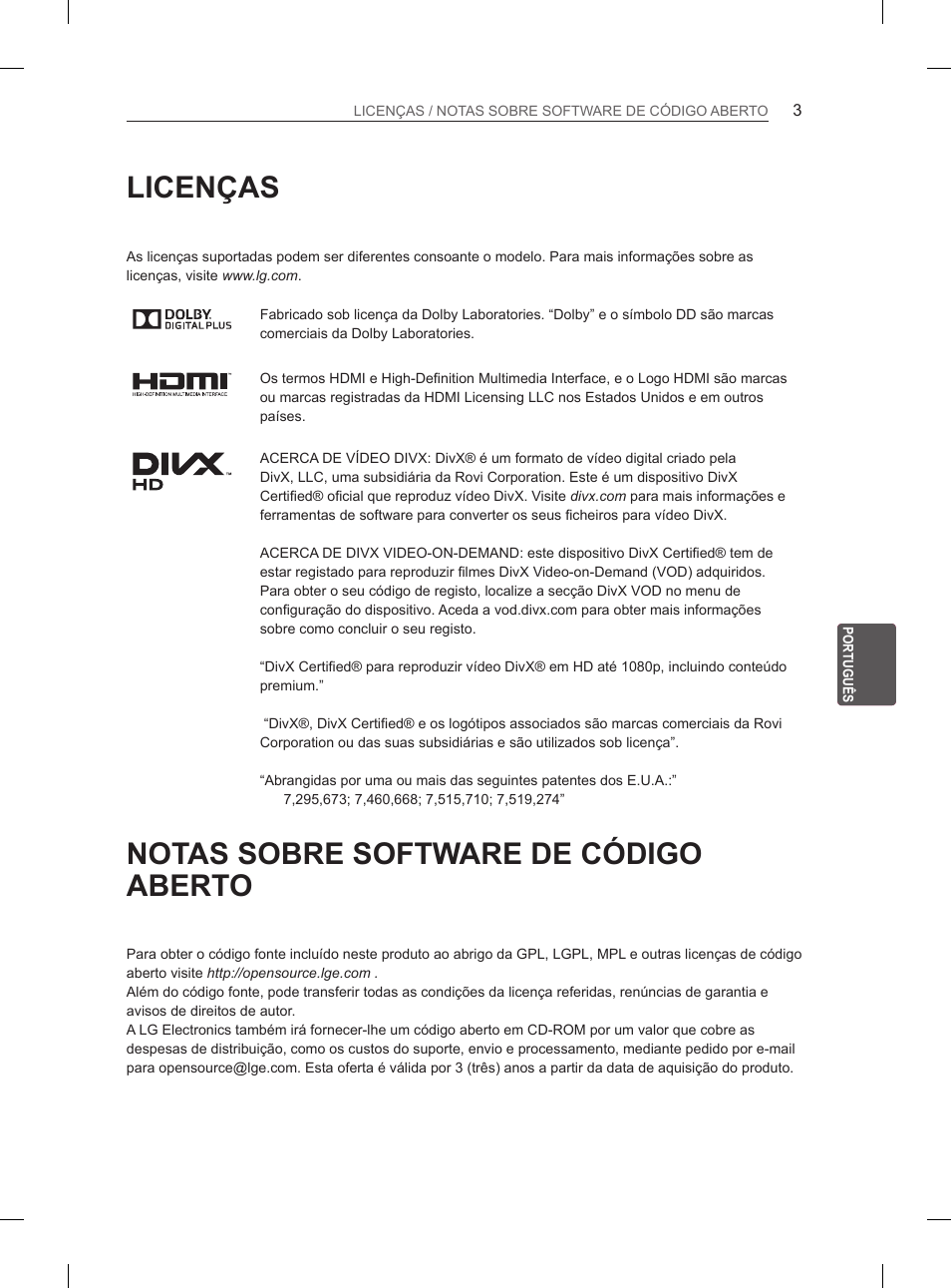 Licenças, Notas sobre software de código aberto | LG 47LN5400 User Manual | Page 128 / 253