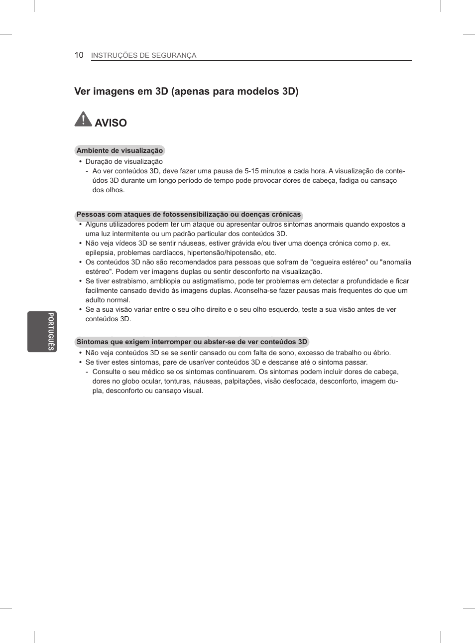 Aviso, Ver imagens em 3d (apenas para modelos 3d) | LG 47LN5400 User Manual | Page 135 / 253