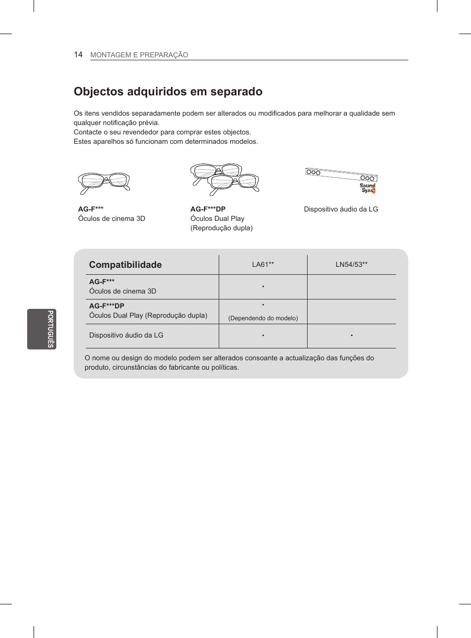 Objectos adquiridos em separado, Compatibilidade | LG 47LN5400 User Manual | Page 139 / 253