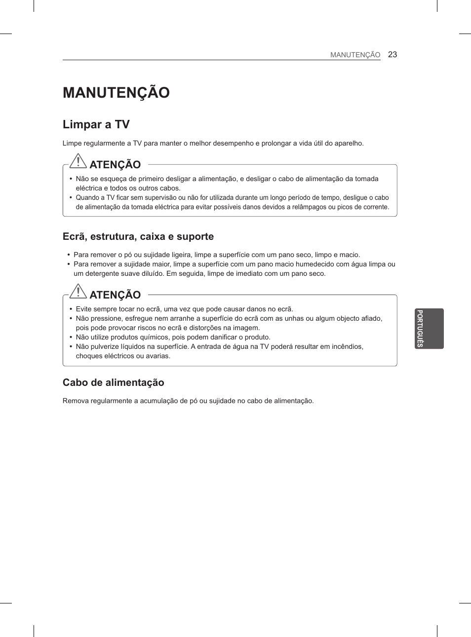 Manutenção, Limpar a tv, Atenção | Ecrã, estrutura, caixa e suporte, Cabo de alimentação | LG 47LN5400 User Manual | Page 148 / 253