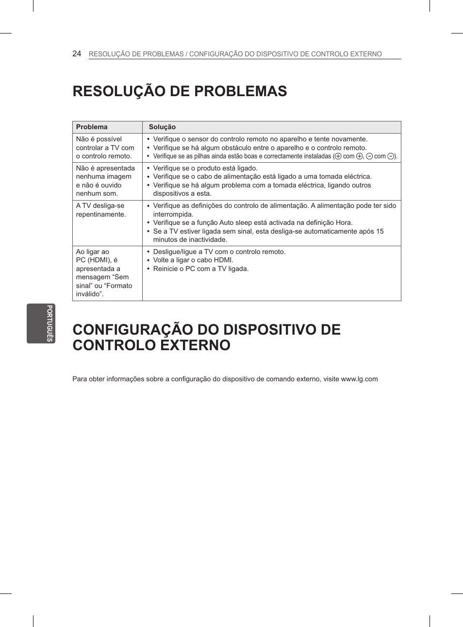 Resolução de problemas, Configuração do dispositivo de controlo externo | LG 47LN5400 User Manual | Page 149 / 253