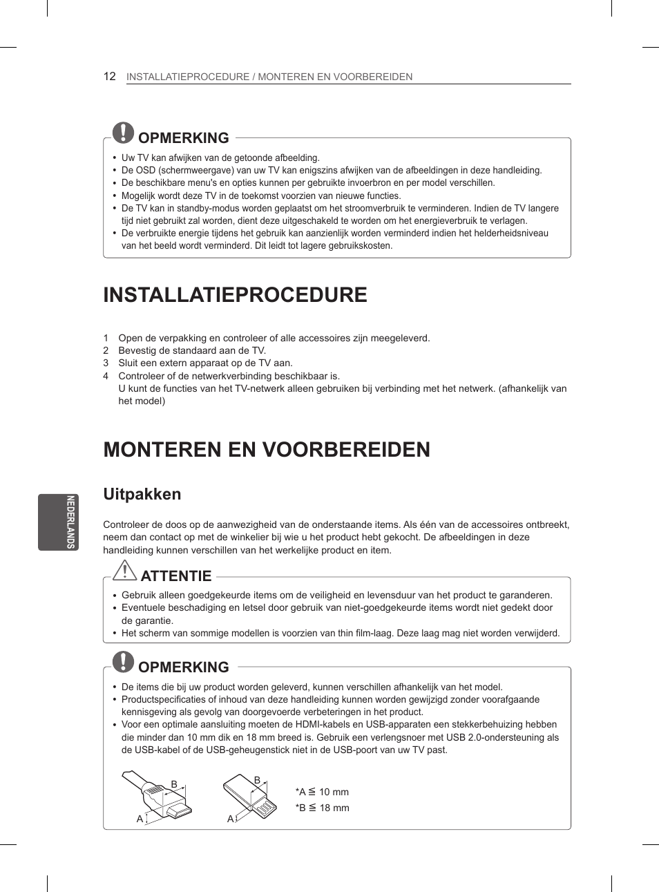 Installatieprocedure, Monteren en voorbereiden, Uitpakken | Opmerking, Attentie | LG 47LN5400 User Manual | Page 161 / 253