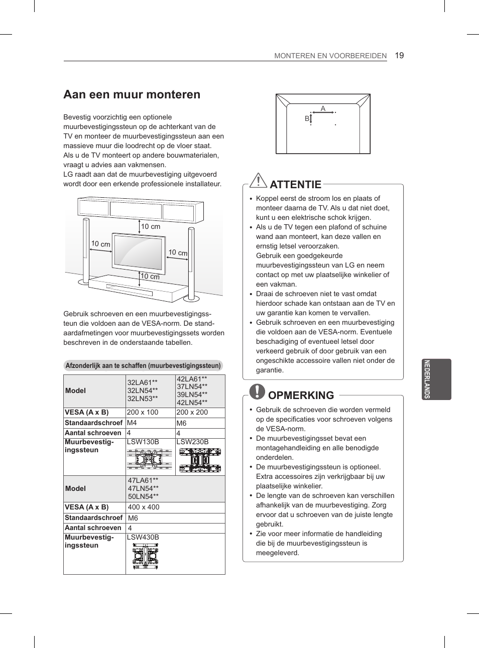 Aan een muur monteren, Attentie, Opmerking | LG 47LN5400 User Manual | Page 168 / 253