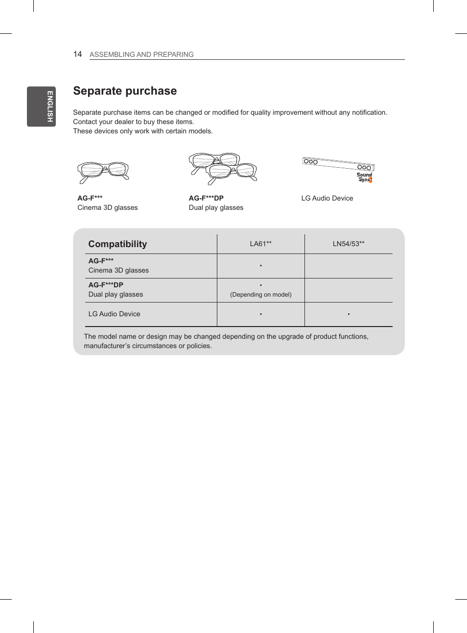 Separate purchase, Compatibility | LG 47LN5400 User Manual | Page 19 / 253