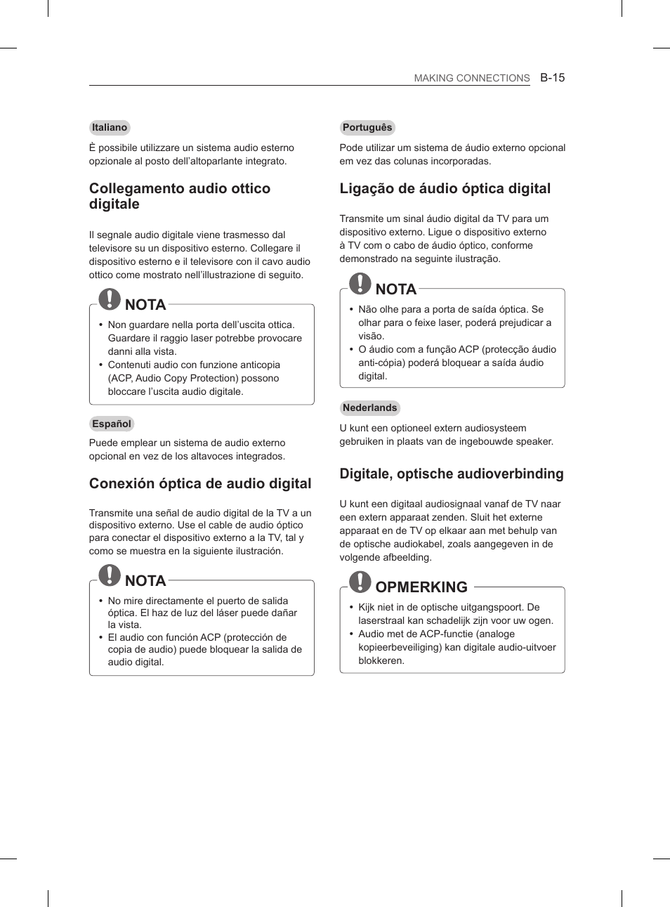 Nota, Opmerking, Collegamento audio ottico digitale | Conexión óptica de audio digital, Ligação de áudio óptica digital, Digitale, optische audioverbinding | LG 47LN5400 User Manual | Page 236 / 253