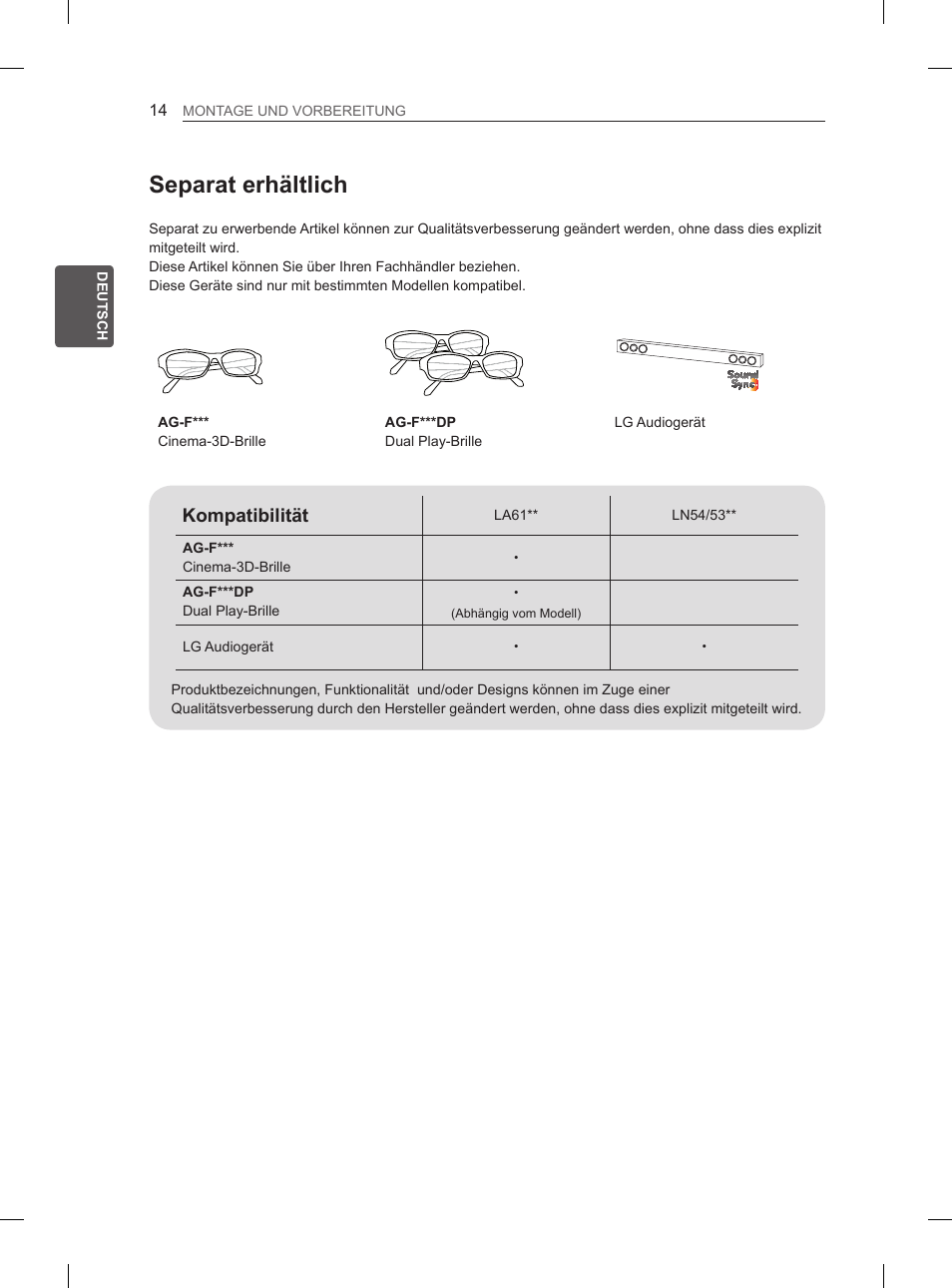 Separat erhältlich, Kompatibilität | LG 47LN5400 User Manual | Page 43 / 253