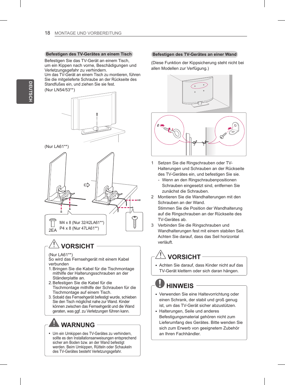 Vorsicht, Warnung, Hinweis | LG 47LN5400 User Manual | Page 47 / 253