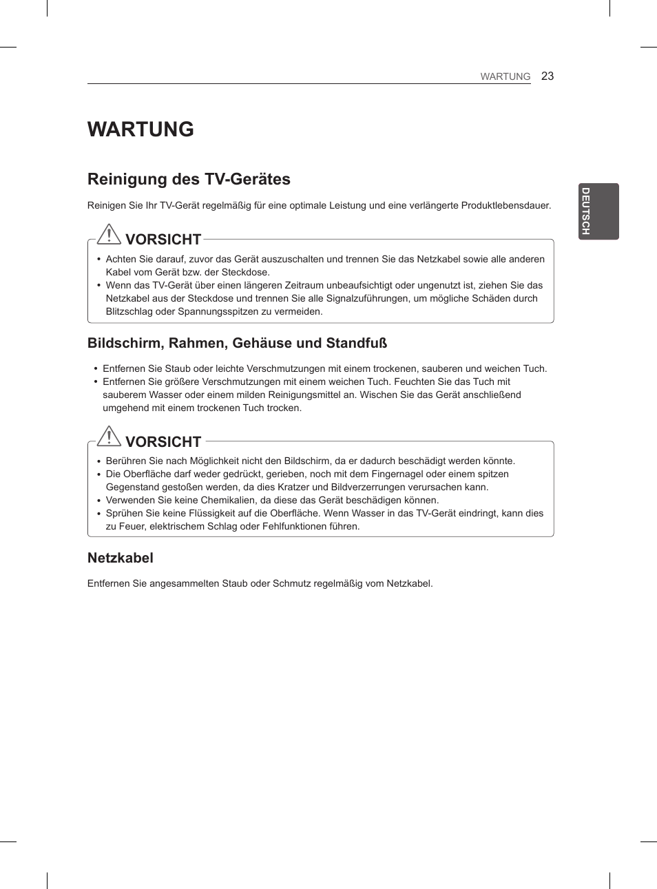 Wartung, Reinigung des tv-gerätes, Vorsicht | Bildschirm, rahmen, gehäuse und standfuß, Netzkabel | LG 47LN5400 User Manual | Page 52 / 253