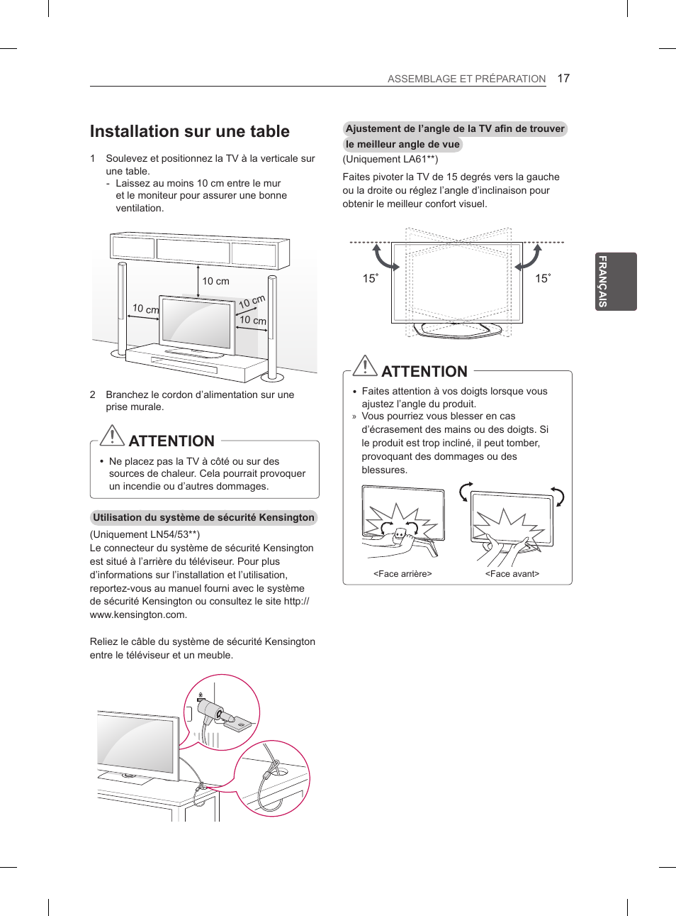 Installation sur une table, Attention | LG 47LN5400 User Manual | Page 70 / 253