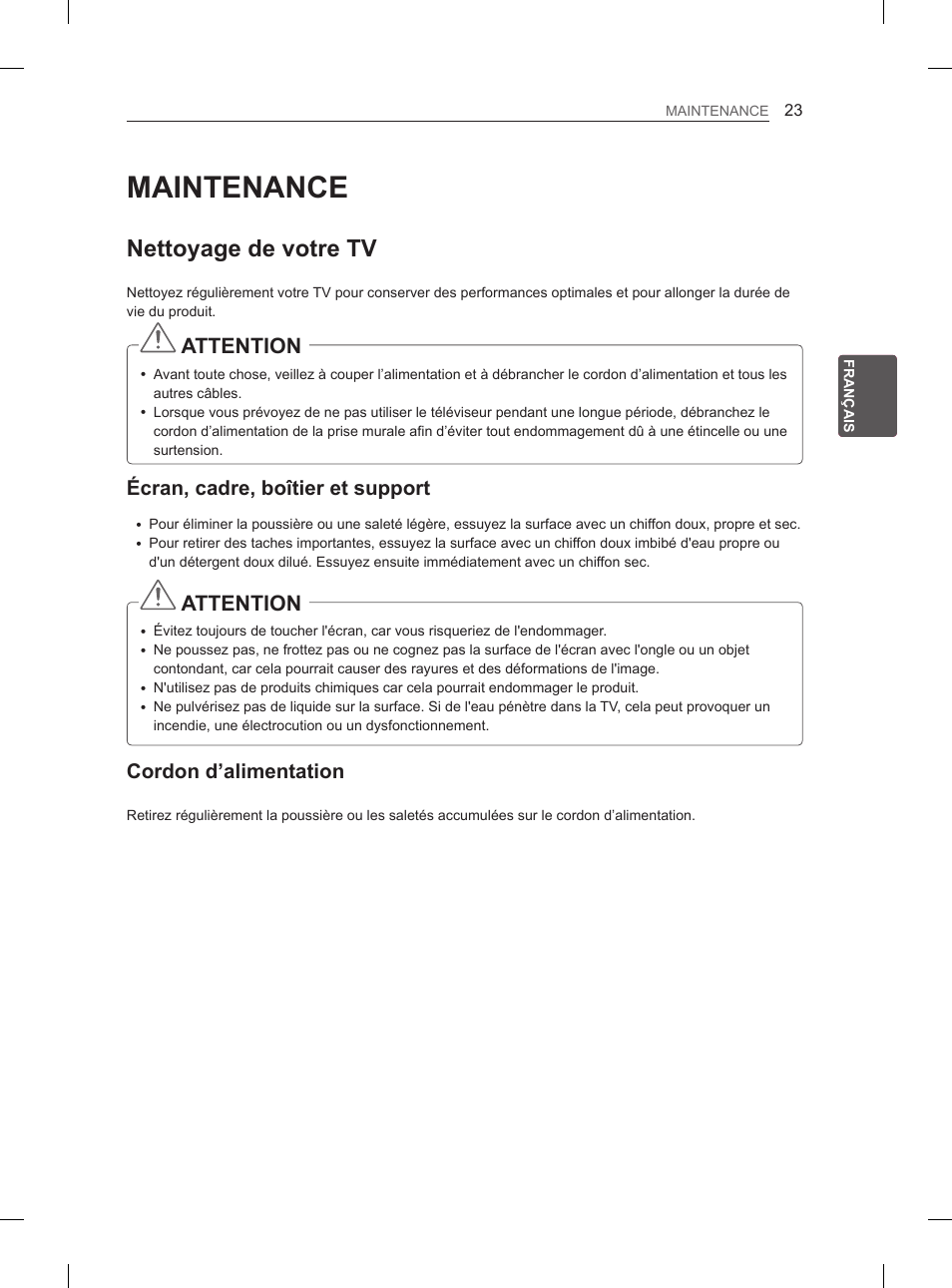 Maintenance, Nettoyage de votre tv, Attention | Écran, cadre, boîtier et support, Cordon d’alimentation | LG 47LN5400 User Manual | Page 76 / 253