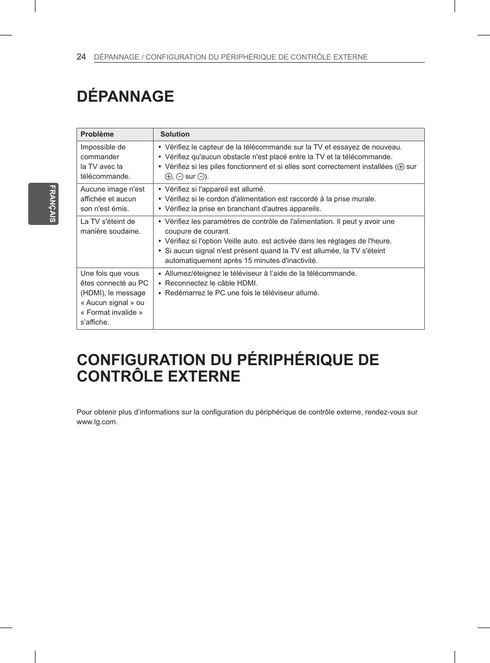 Dépannage, Configuration du périphérique de contrôle externe | LG 47LN5400 User Manual | Page 77 / 253