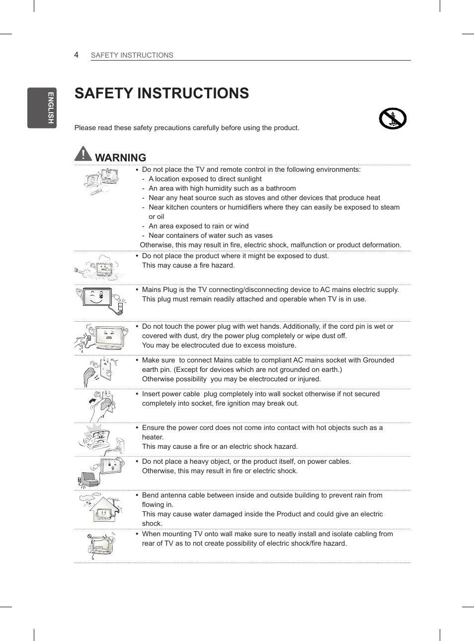 Safety instructions, Warning | LG 47LN5400 User Manual | Page 9 / 253