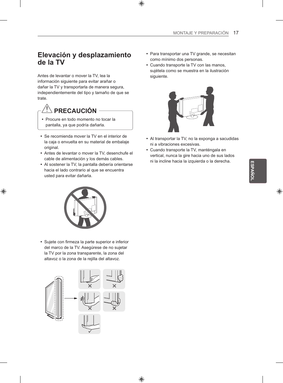 Elevación y desplazamiento de la tv, Precaución | LG 42LA620S User Manual | Page 151 / 328