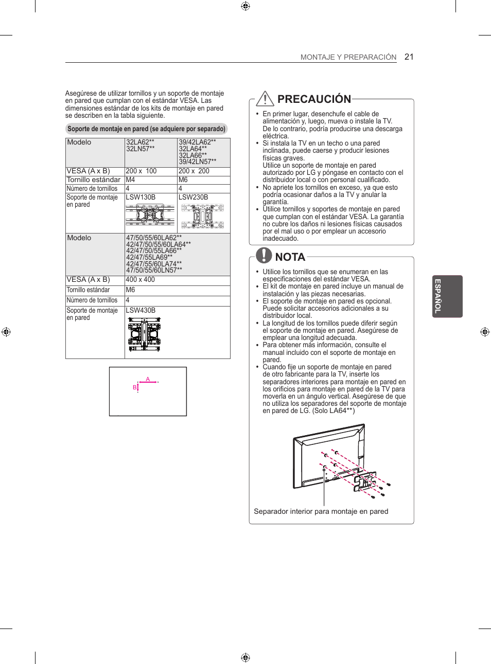 Precaución, Nota | LG 42LA620S User Manual | Page 155 / 328