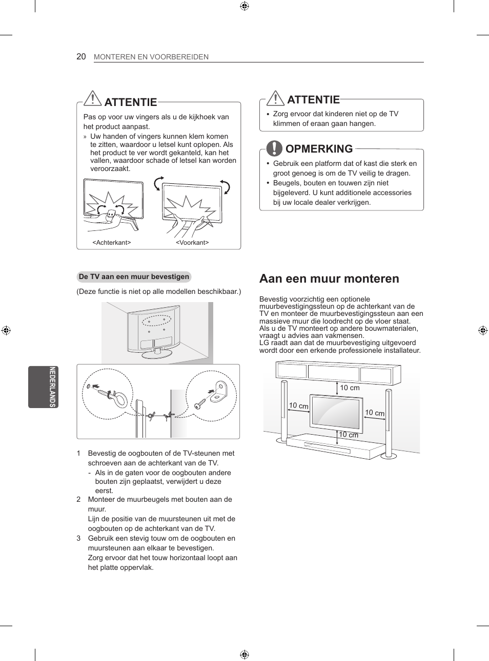 Aan een muur monteren, Attentie, Opmerking | LG 42LA620S User Manual | Page 214 / 328