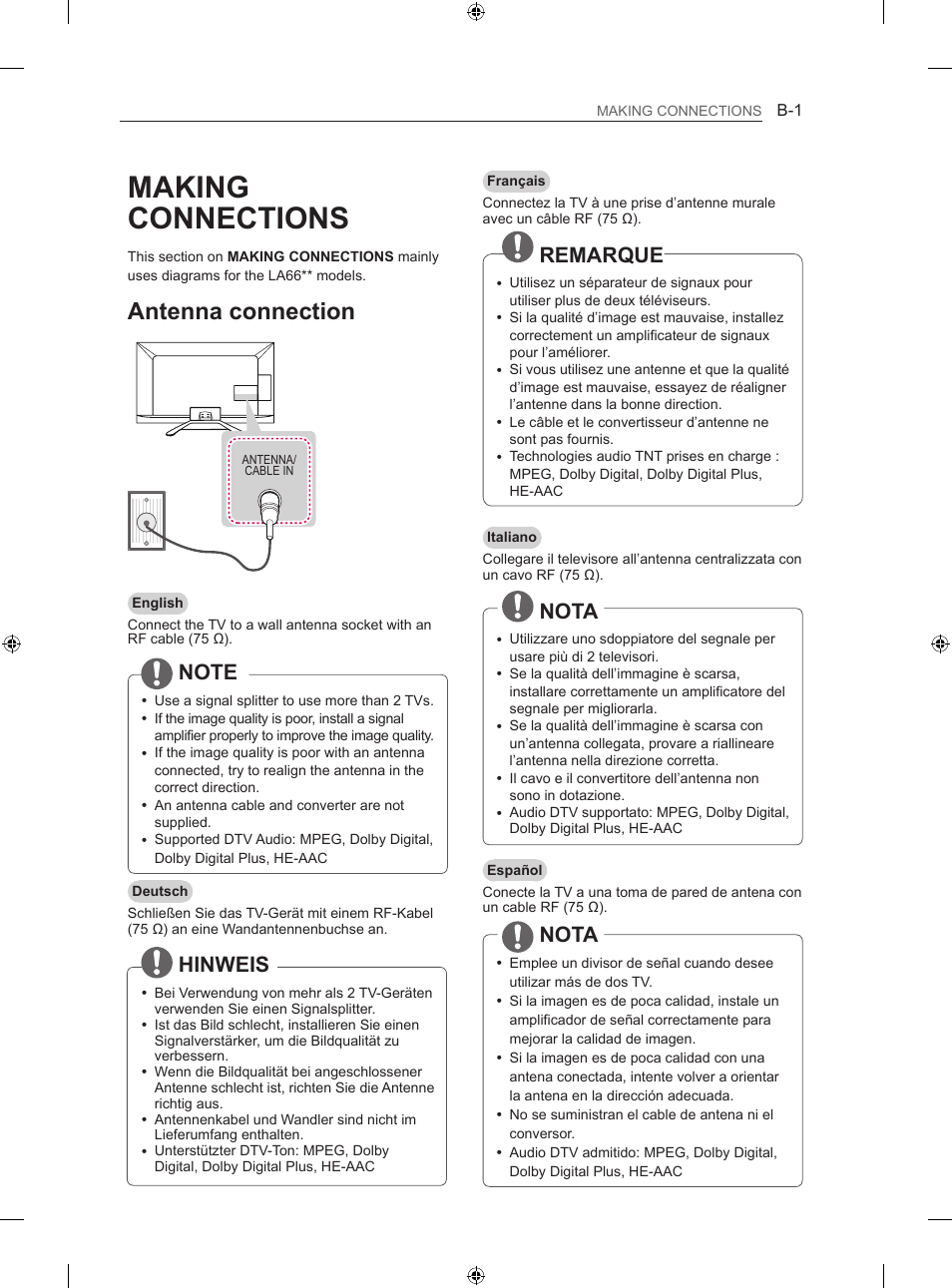 Eu_10_mfl67658602_back, Making connections, Antenna connection | Hinweis, Remarque, Nota | LG 42LA620S User Manual | Page 285 / 328