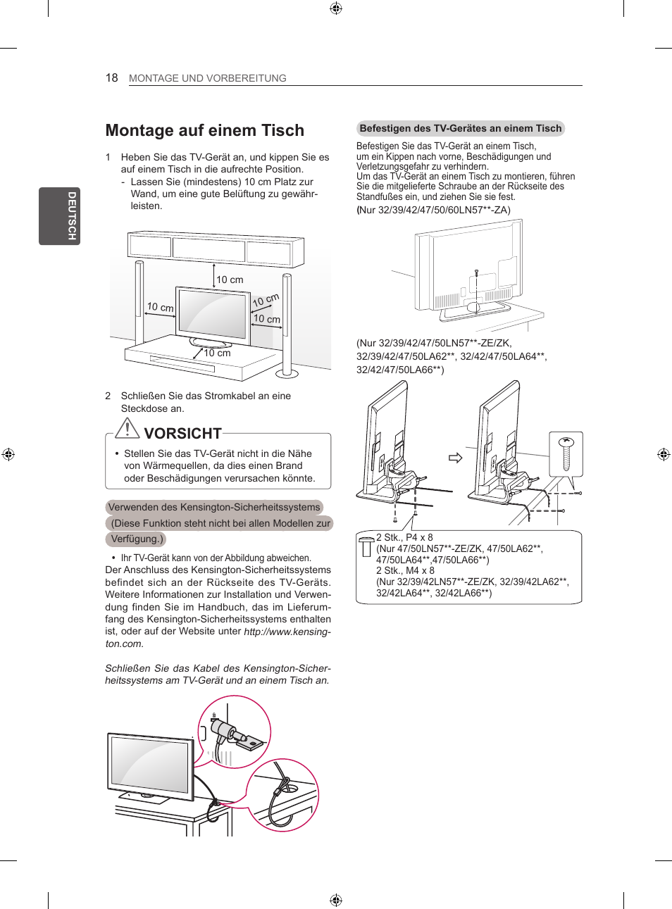 Montage auf einem tisch, Vorsicht | LG 42LA620S User Manual | Page 54 / 328