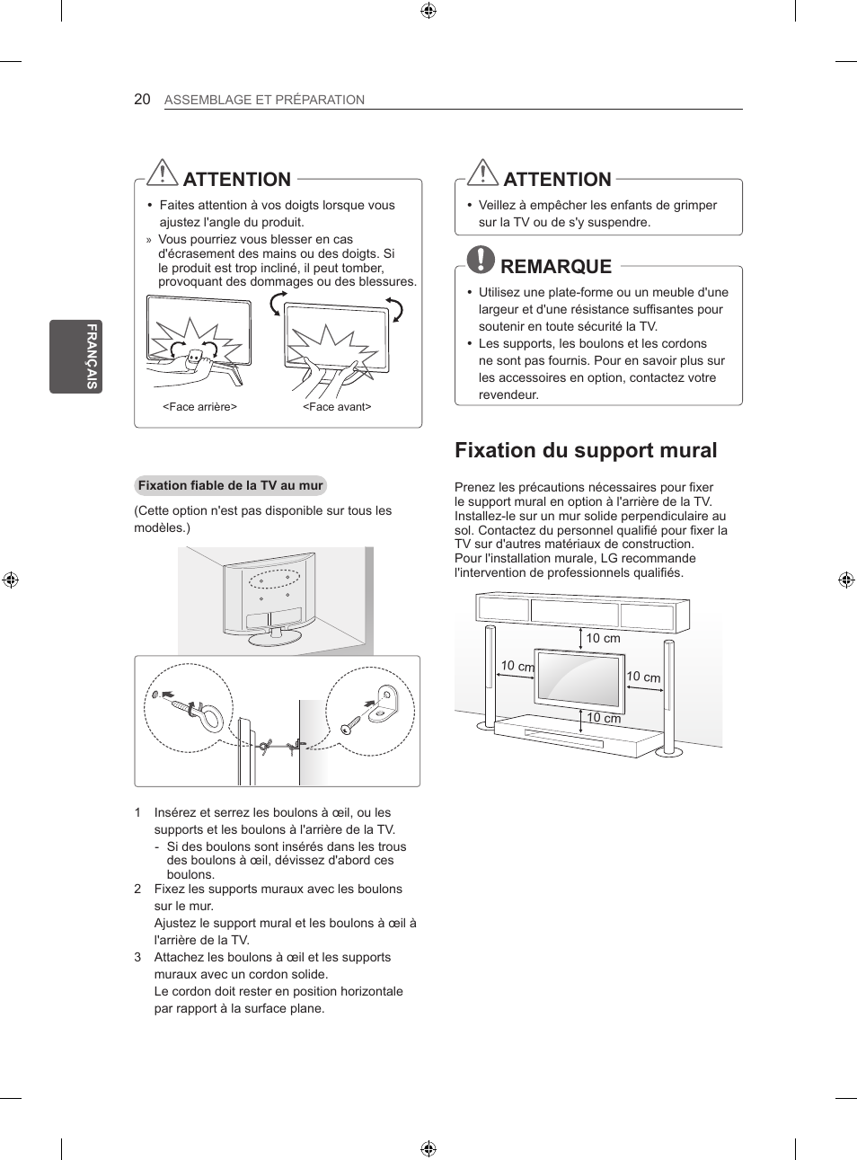 Fixation du support mural, Attention, Remarque | LG 42LA620S User Manual | Page 86 / 328