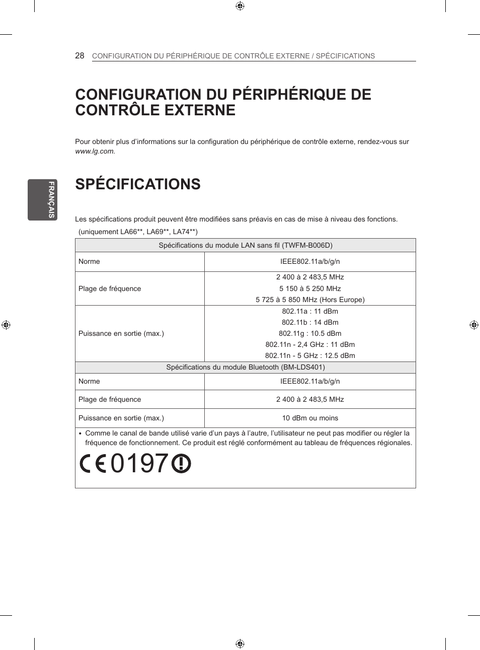 Spécifications, Configuration du périphérique de contrôle externe | LG 42LA620S User Manual | Page 94 / 328