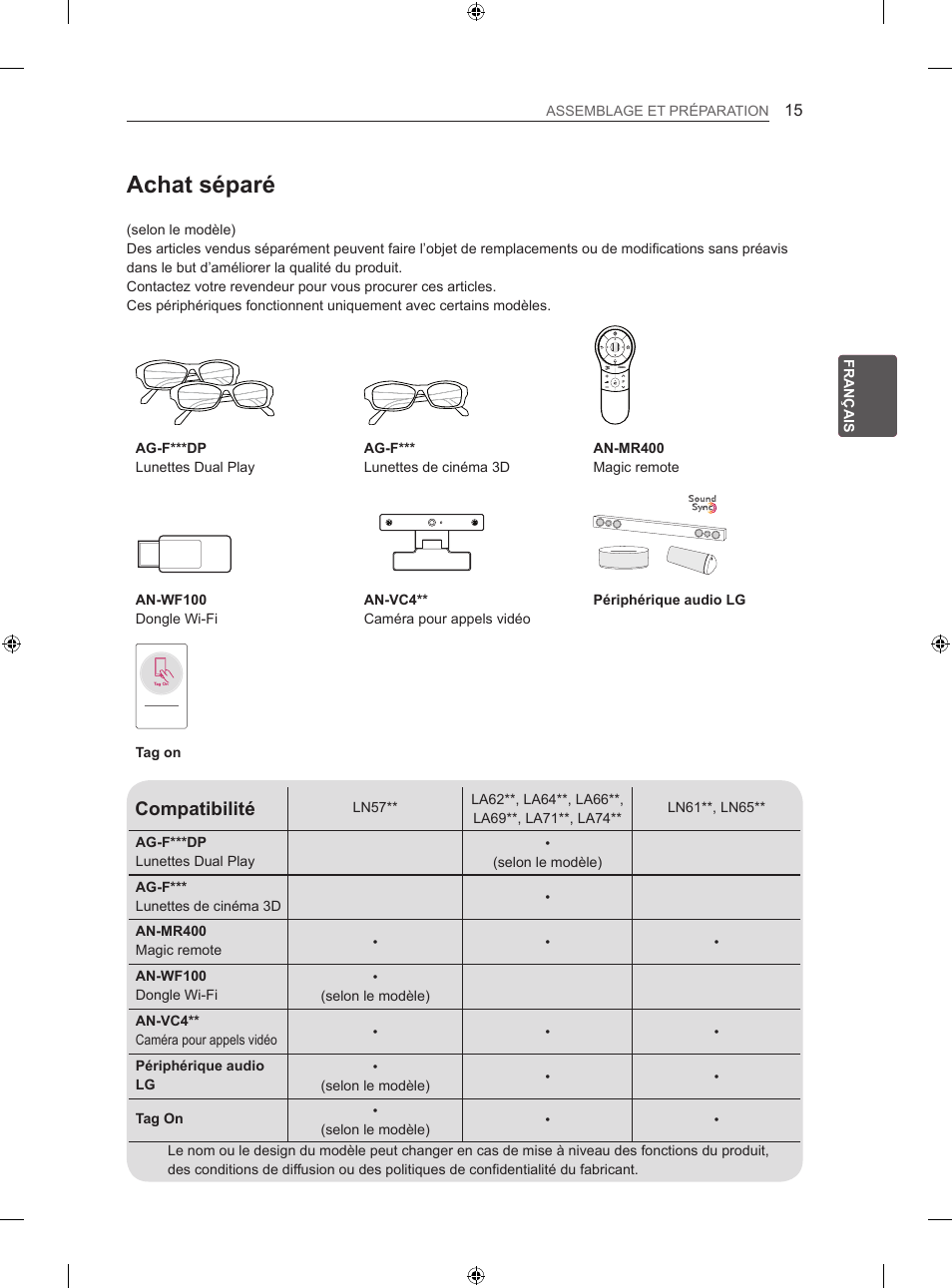 Achat séparé, Compatibilité | LG 55LA667S User Manual | Page 113 / 332