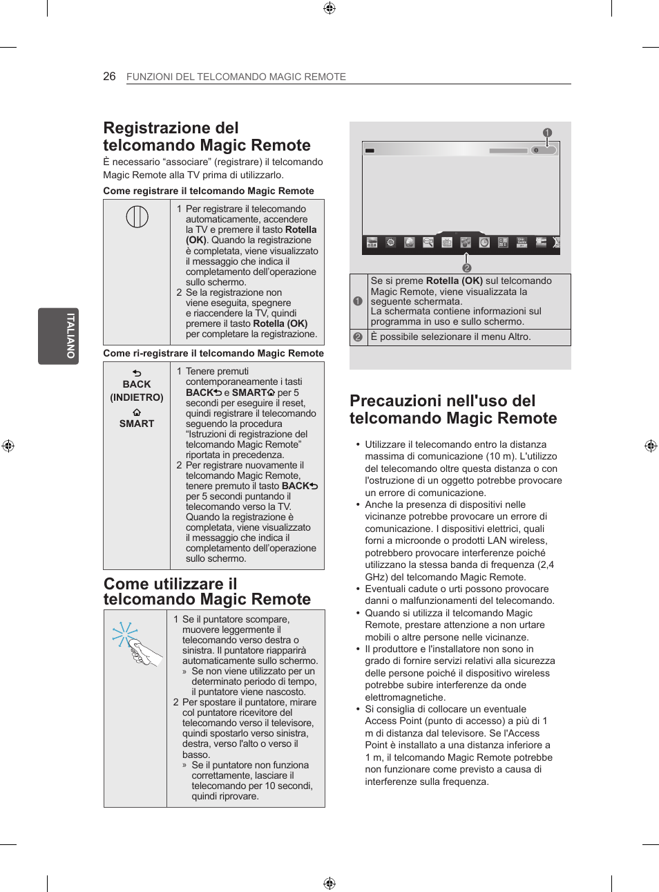 Registrazione del telcomando magic remote, Precauzioni nell'uso del telcomando magic remote, Come utilizzare il telcomando magic remote | LG 55LA667S User Manual | Page 154 / 332