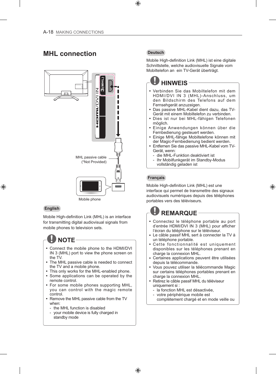 Mhl connection, Hinweis, Remarque | LG 55LA667S User Manual | Page 18 / 332