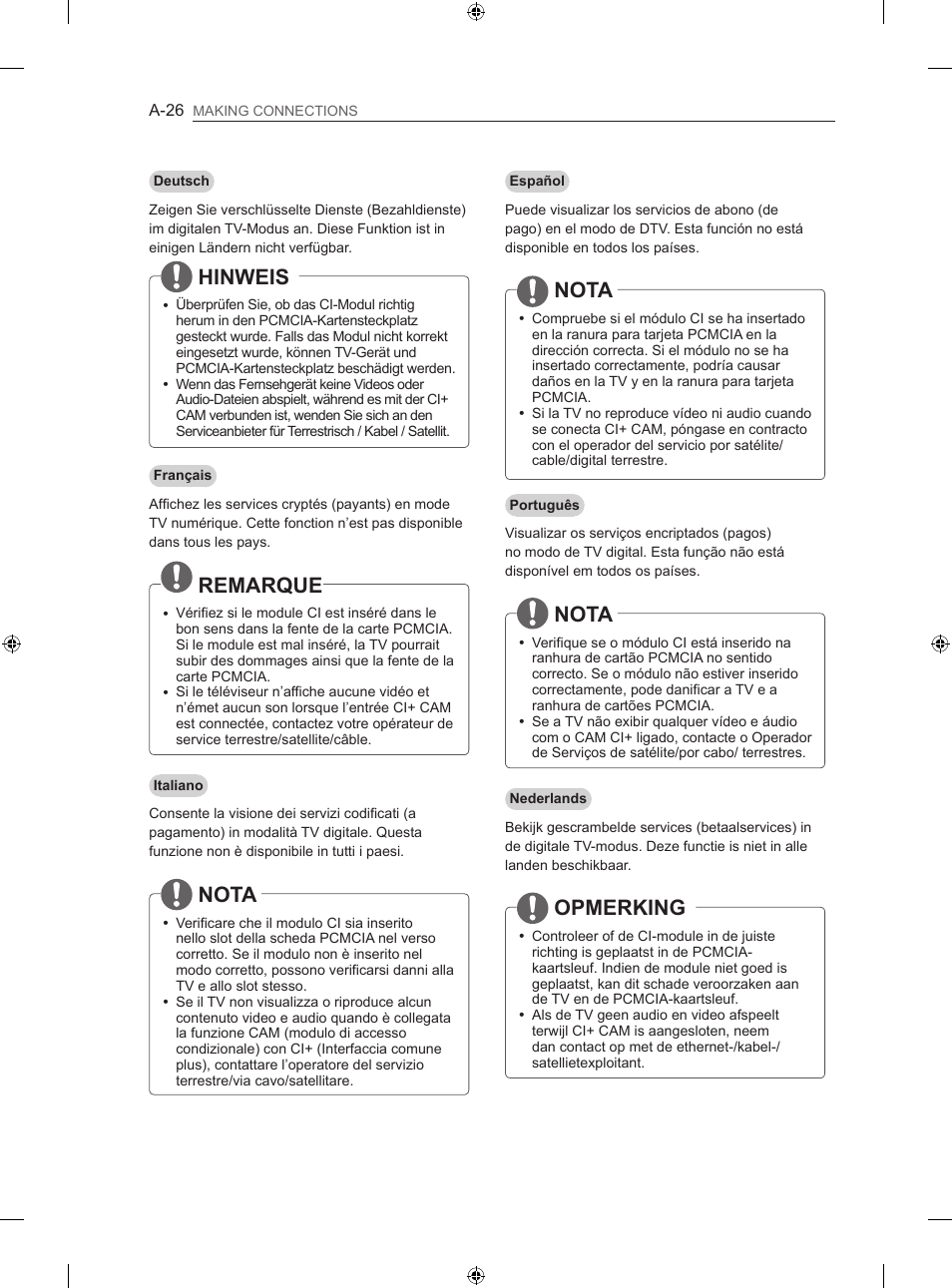 Hinweis, Remarque, Nota | Opmerking | LG 55LA667S User Manual | Page 26 / 332