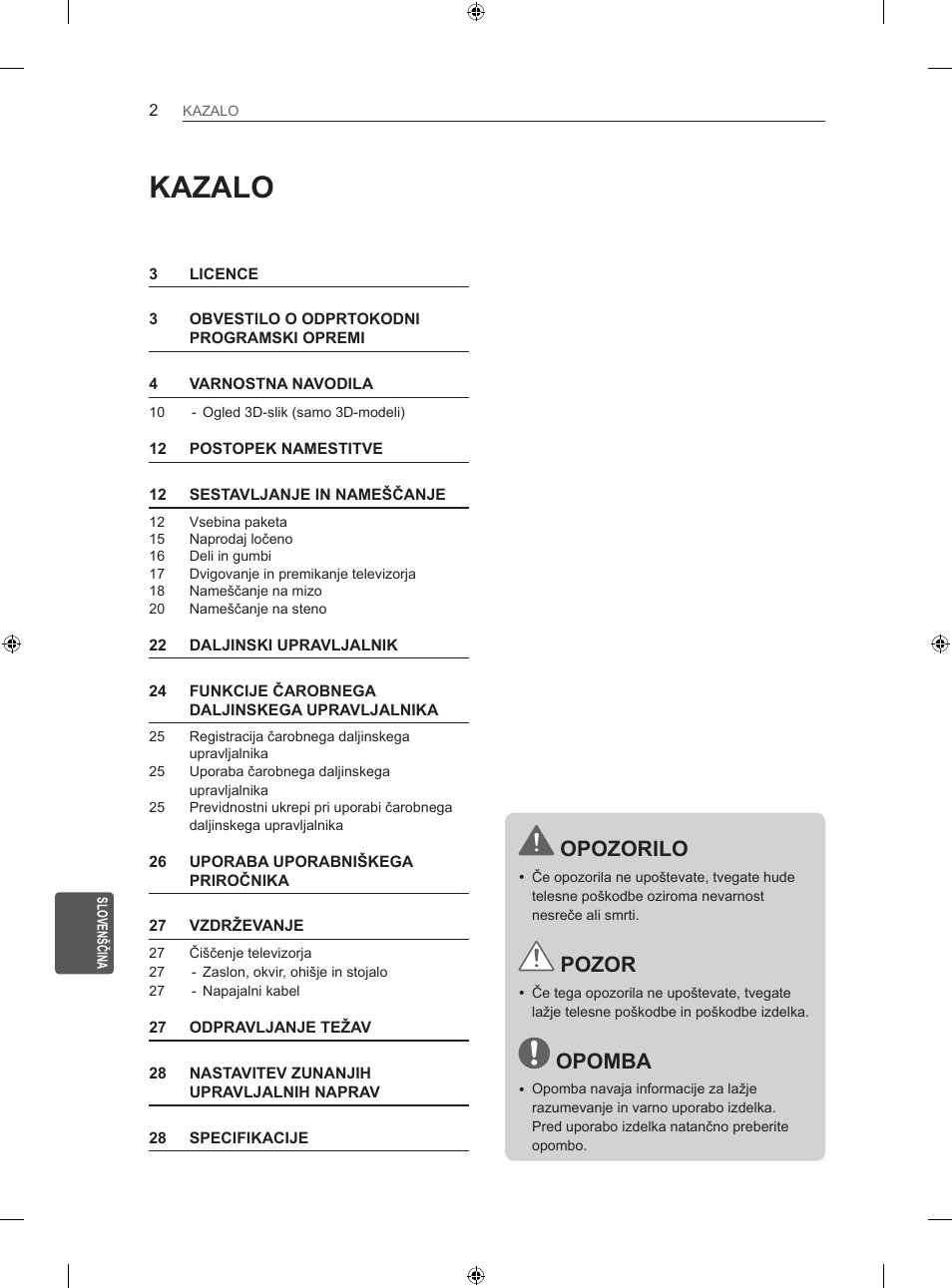 Kazalo, Opozorilo, Pozor | Opomba | LG 55LA667S User Manual | Page 290 / 332