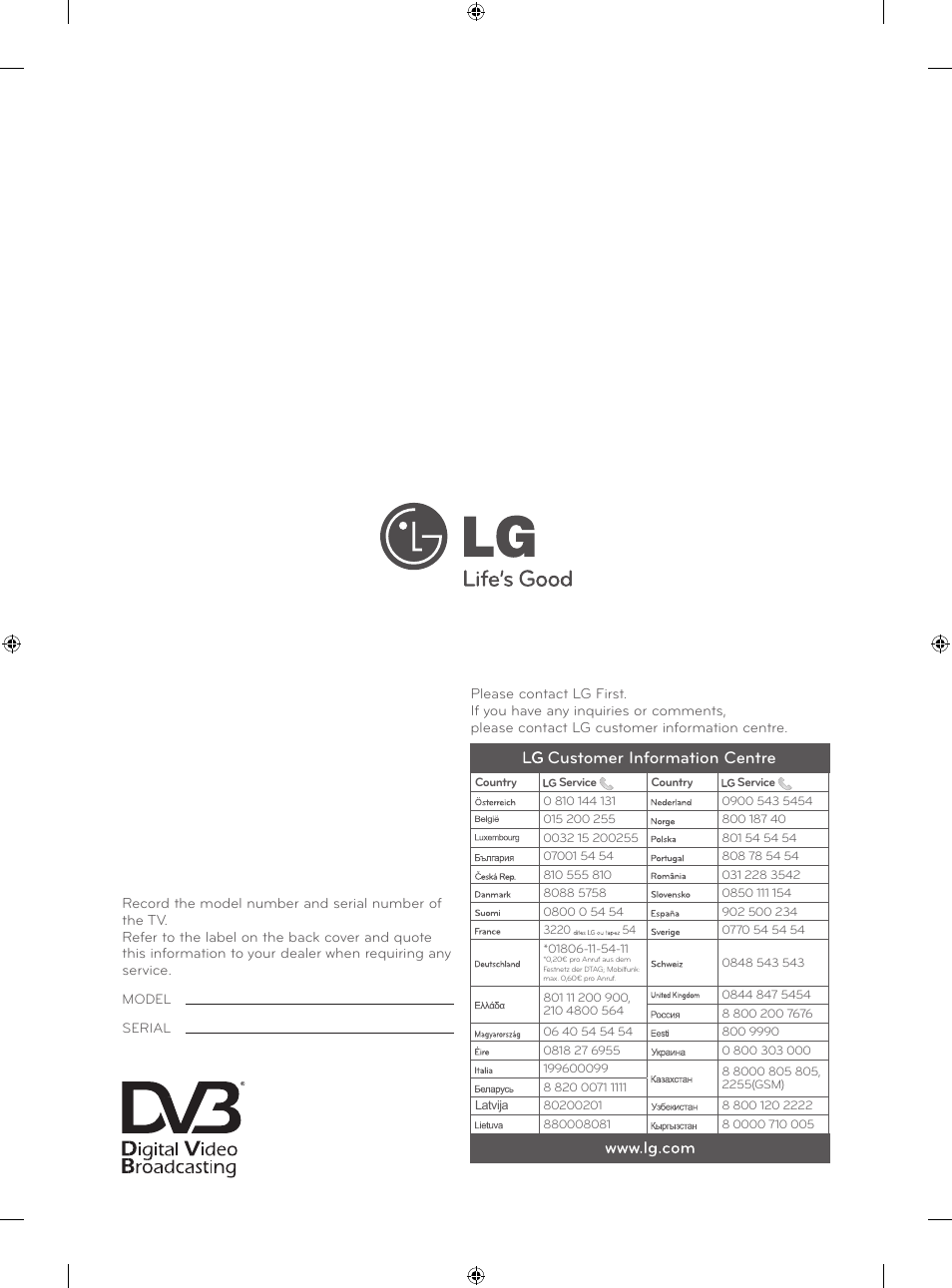 Customer information centre | LG 55LA667S User Manual | Page 332 / 332