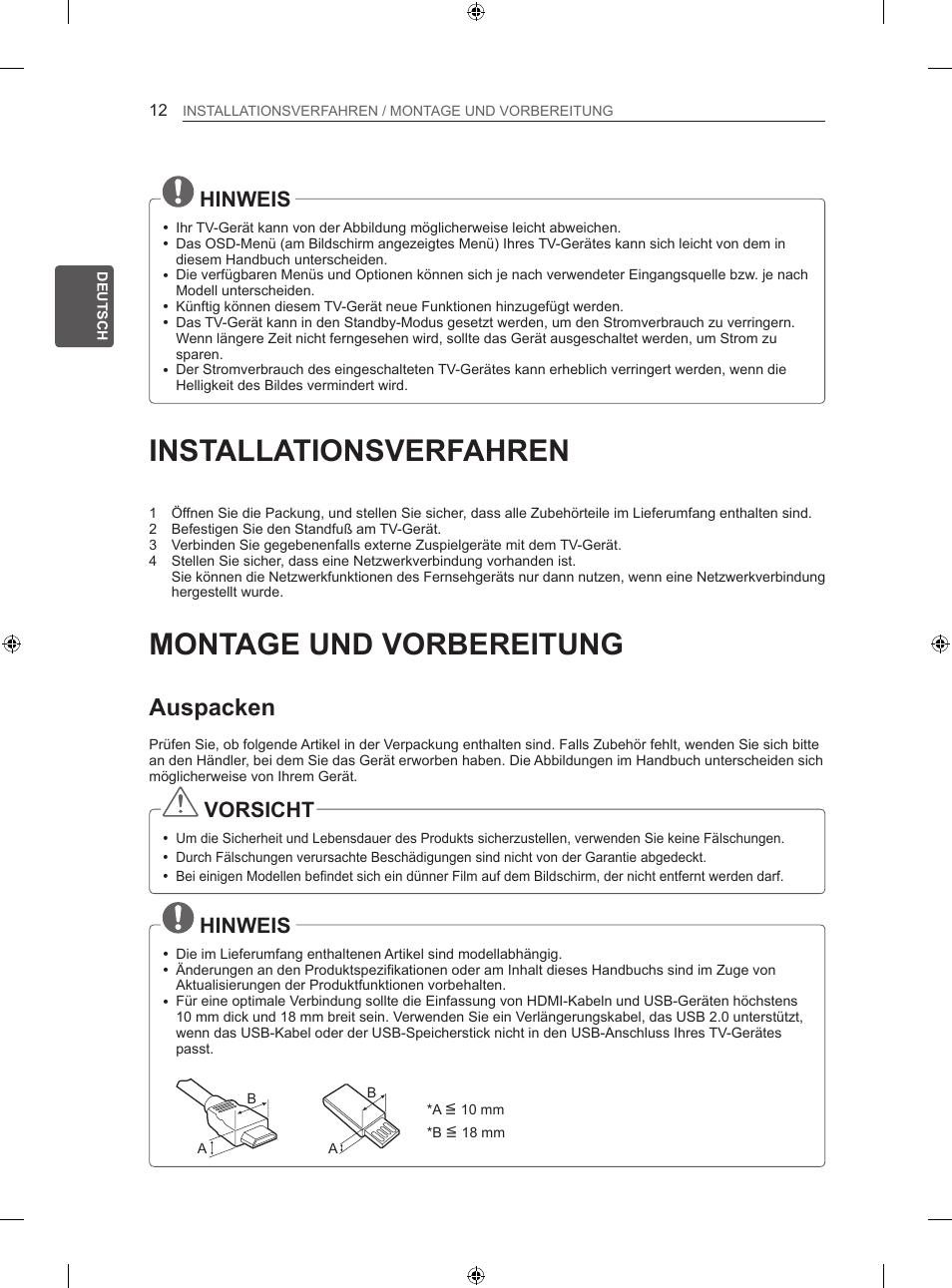 Installationsverfahren, Montage und vorbereitung, Auspacken | Hinweis, Vorsicht | LG 55LA667S User Manual | Page 80 / 332