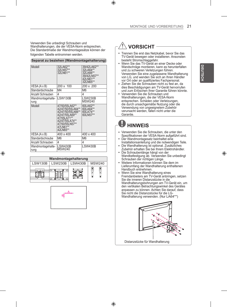 Vorsicht, Hinweis | LG 55LA667S User Manual | Page 89 / 332