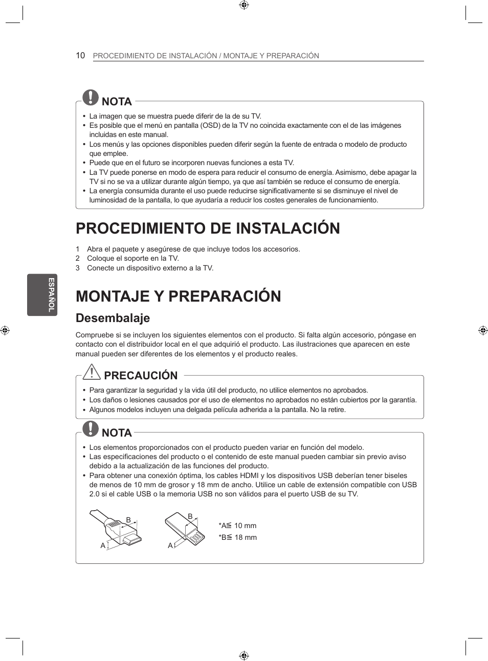 Procedimiento de instalación, Montaje y preparación, Desembalaje | Nota, Precaución | LG 22LS3500-ZA User Manual | Page 106 / 198