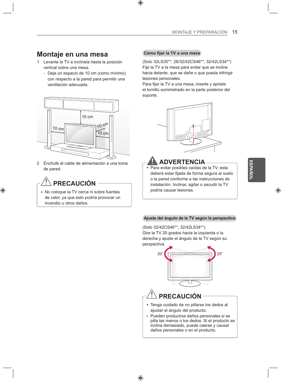Montaje en una mesa, Precaución, Advertencia | LG 22LS3500-ZA User Manual | Page 111 / 198