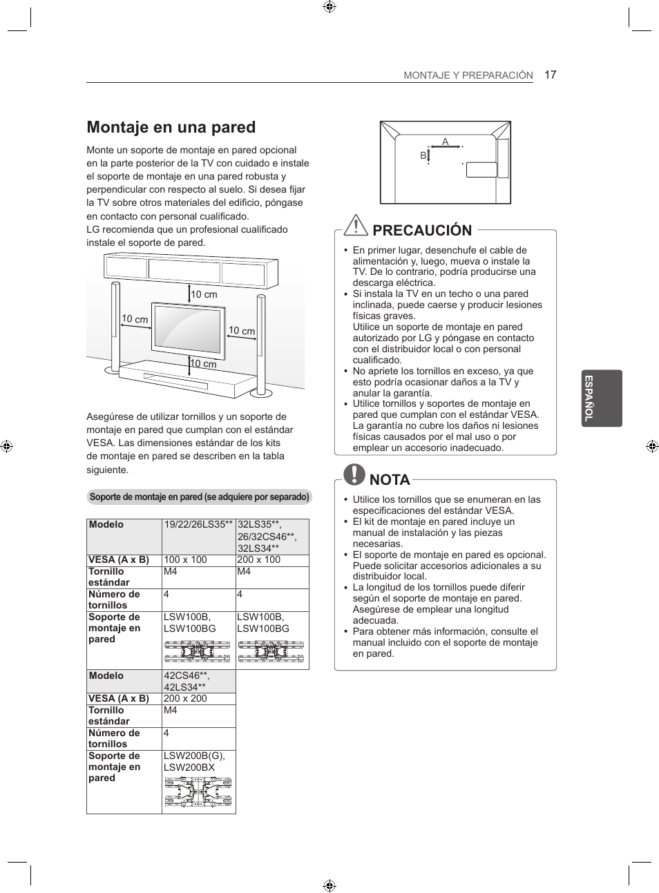 Montaje en una pared, Precaución, Nota | LG 22LS3500-ZA User Manual | Page 113 / 198