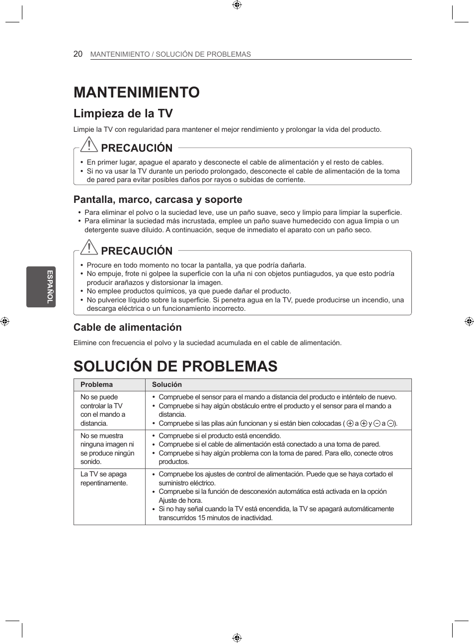 Mantenimiento, Solución de problemas, Limpieza de la tv | Precaución, Pantalla, marco, carcasa y soporte, Cable de alimentación | LG 22LS3500-ZA User Manual | Page 116 / 198