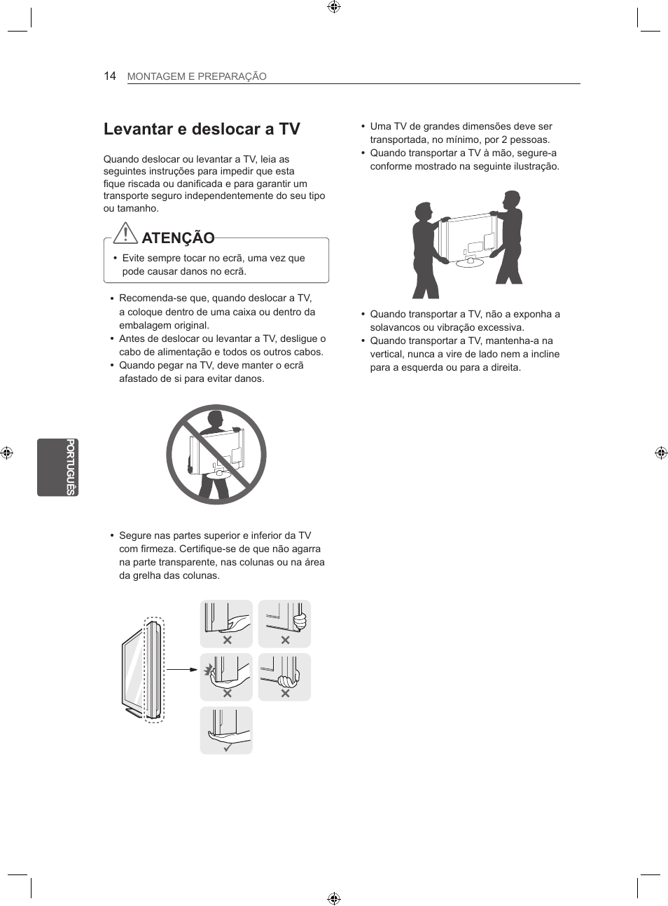 Levantar e deslocar a tv, Atenção | LG 22LS3500-ZA User Manual | Page 130 / 198