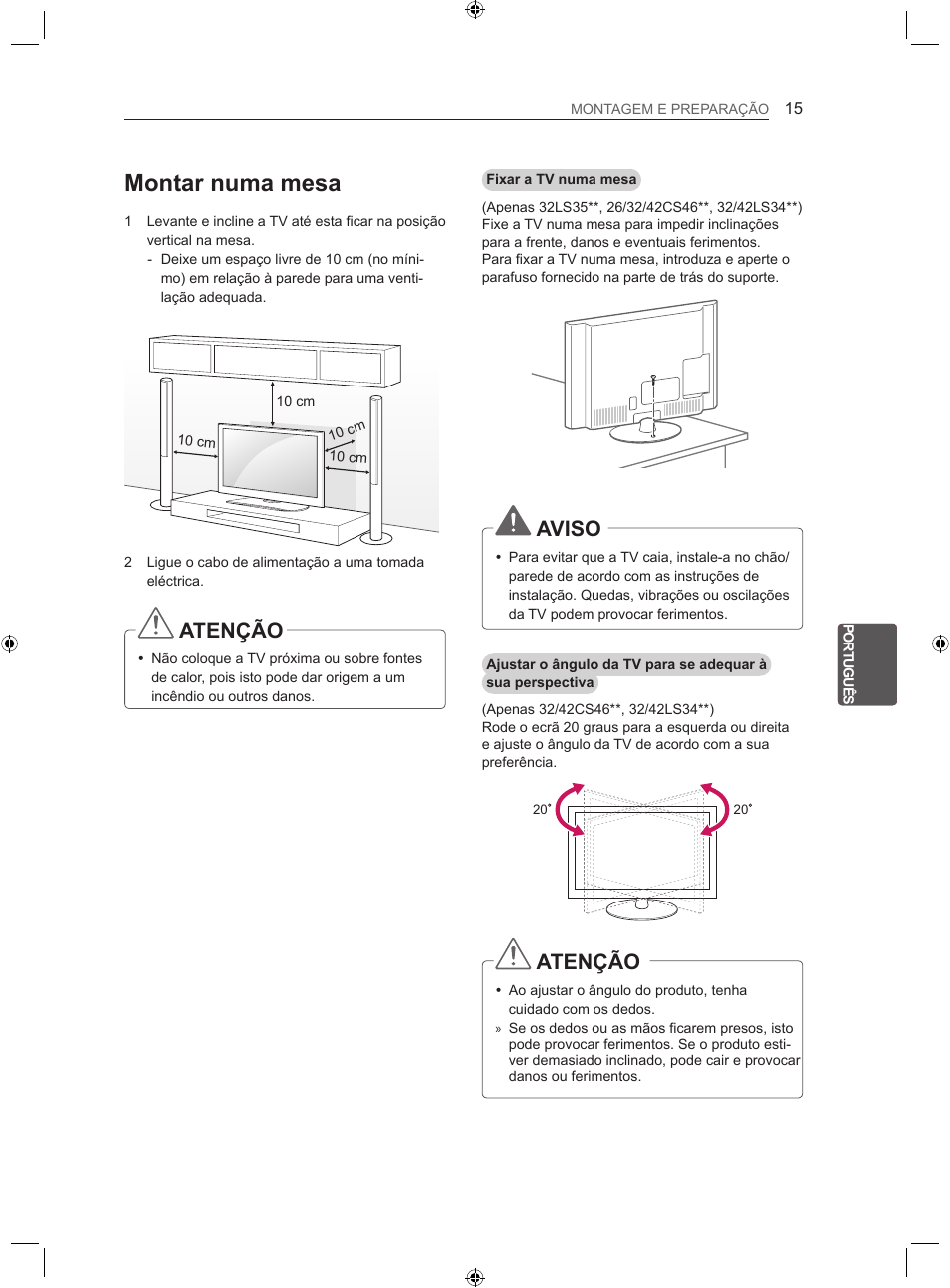 Montar numa mesa, Atenção, Aviso | LG 22LS3500-ZA User Manual | Page 131 / 198