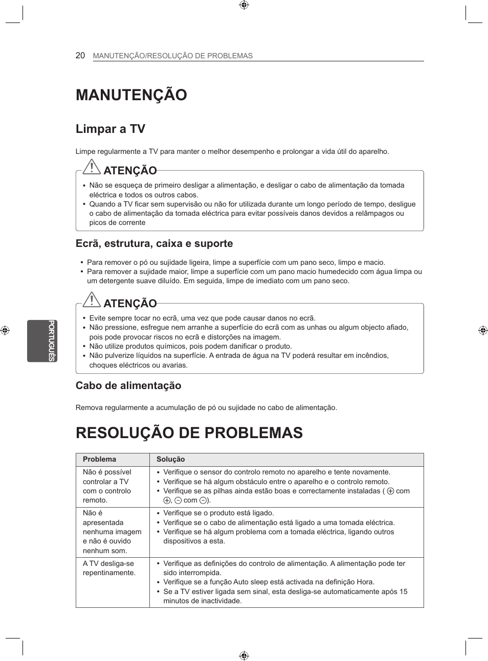 Manutenção, Resolução de problemas, Limpar a tv | Atenção, Ecrã, estrutura, caixa e suporte, Cabo de alimentação | LG 22LS3500-ZA User Manual | Page 136 / 198